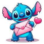 Personagem Stitch segurando um envelope rosa com um coração, simbolizando amor e amizade, ideal para ilustrações de cartões ou mensagens afetuosas.