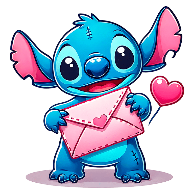 Personagem Stitch segurando um envelope rosa com um coração, simbolizando amor e amizade, ideal para ilustrações de cartões ou mensagens afetuosas.