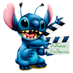 Stitch azul e fofinho segurando uma claquete de cinema, representando a animação e o entretenimento.