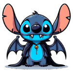 Stitch estilizado de vampiro com uma capa de morcego. Ele tem dentes afiados, sangue escorrendo e um colar com um símbolo de abóbora. Ideal para temas de Halloween e personagens de ficção.