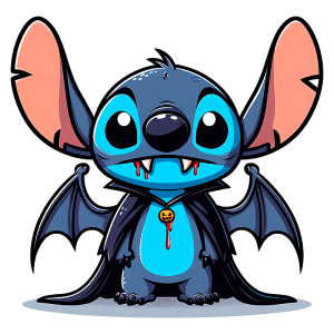 Stitch estilizado de vampiro com uma capa de morcego. Ele tem dentes afiados, sangue escorrendo e um colar com um símbolo de abóbora. Ideal para temas de Halloween e personagens de ficção.