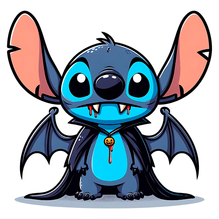Stitch estilizado de vampiro com uma capa de morcego. Ele tem dentes afiados, sangue escorrendo e um colar com um símbolo de abóbora. Ideal para temas de Halloween e personagens de ficção.