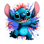 Personagem animado Stitch, do filme Lilo & Stitch, exibindo um sorriso alegre e com uma pose dinâmica, cercado por um fundo colorido com respingos de tinta.