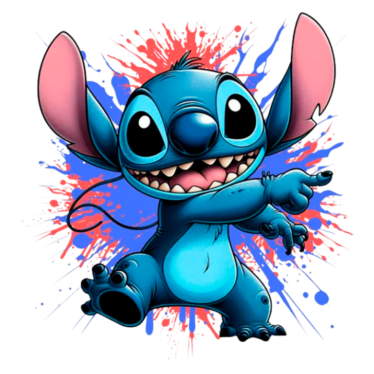 Personagem animado Stitch, do filme Lilo & Stitch, exibindo um sorriso alegre e com uma pose dinâmica, cercado por um fundo colorido com respingos de tinta.