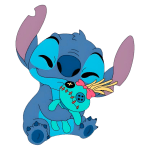 Stitch, personagem azul da Disney, abraçando um boneco de voodoo colorido, transmitindo um sentimento de carinho e amizade.