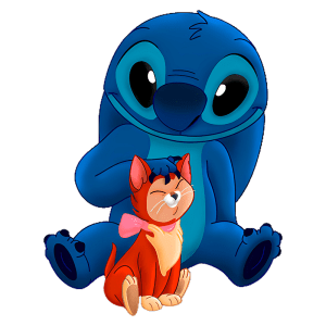 Imagem Stitch carinhosamente acariciando um gato laranja com um laço rosa. Ambos demonstram afeto e alegria, representando uma amizade divertida e colorida entre espécies diferentes. Ideal para ilustrações sobre relacionamentos entre animais de estimação.