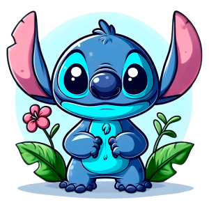 Personagem animado Stitch, com pelagem azul e grandes orelhas, segurando flores e folhas, em um fundo claro. Ideal para amantes de desenhos animados e produtos relacionados.