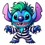 Stitch vestido com um pijama listrado, exibindo um sorriso largo cheio de dentes afiados e garras. Ideal para conteúdos de entretenimento infantil.