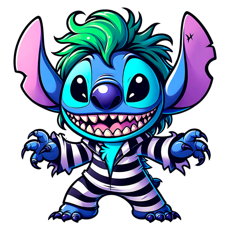 Stitch vestido com um pijama listrado, exibindo um sorriso largo cheio de dentes afiados e garras. Ideal para conteúdos de entretenimento infantil.