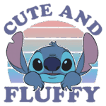 Ilustração de Stitch, personagem popular da Disney, com um design fofo e pastel, expressando uma aparência adorável e peluda, com as palavras "CUTE AND FLUFFY" em destaque.