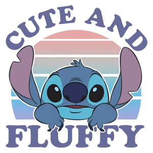 Ilustração de Stitch, personagem popular da Disney, com um design fofo e pastel, expressando uma aparência adorável e peluda, com as palavras "CUTE AND FLUFFY" em destaque.