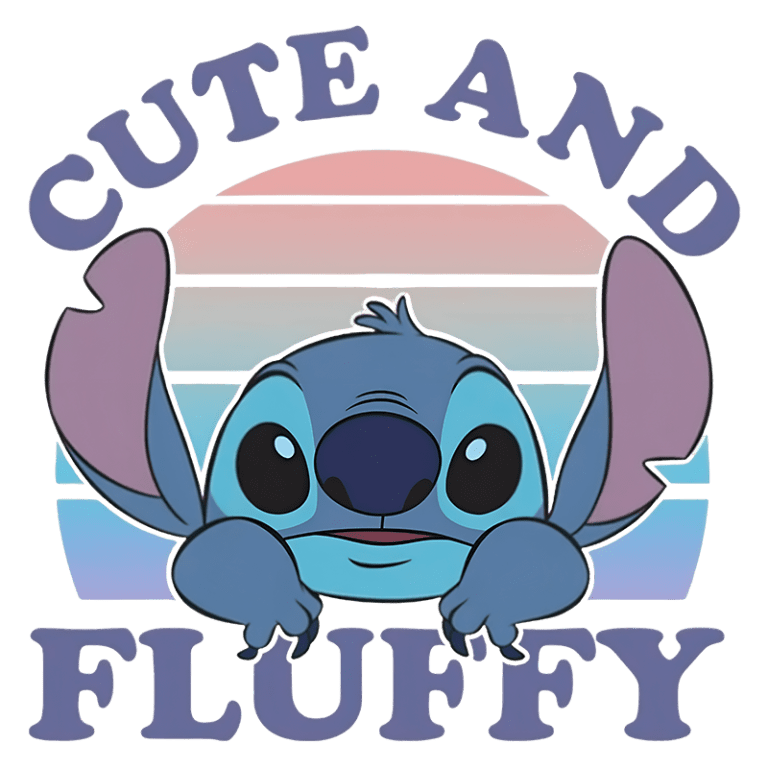 Ilustração de Stitch, personagem popular da Disney, com um design fofo e pastel, expressando uma aparência adorável e peluda, com as palavras "CUTE AND FLUFFY" em destaque.