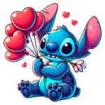 Stitch segurando balões em forma de coração e uma flor. Ilustração divertida e colorida, ideal para temas de amor e amizade.