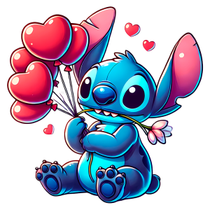 Stitch segurando balões em forma de coração e uma flor. Ilustração divertida e colorida, ideal para temas de amor e amizade.