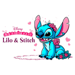 Imagem de Stitch, personagem icônico da Disney do filme Lilo & Stitch, com um fundo colorido adornado com flores e corações, destacando a personalidade divertida e carinhosa do personagem.