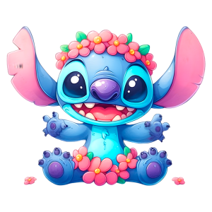 Stitch sorrindo e sentado, com grandes orelhas e expressão amigável, ideal para fãs de ilustrações divertidas e criativas.