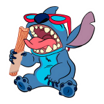 Stitch segurando um churros e expressando alegria ao comer, ideal para temas de diversão e entretenimento.