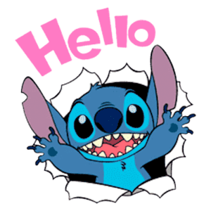 Personagem Stitch, de Lilo & Stitch, aparecendo alegremente atrás de um buraco na parede, acenando com as mãos e sorrindo, acompanhado do texto "Hello".