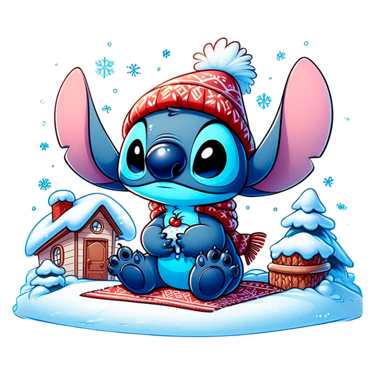 Stitch usando um gorro vermelho e sentado em um tapete em uma cena de inverno. Ao fundo, uma casa de boneca e árvores cobertas de neve, criando uma atmosfera festiva e acolhedora.