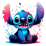 Stitch sorrindo alegremente. O fundo é colorido em tons vibrantes, refletindo um estilo artístico moderno.