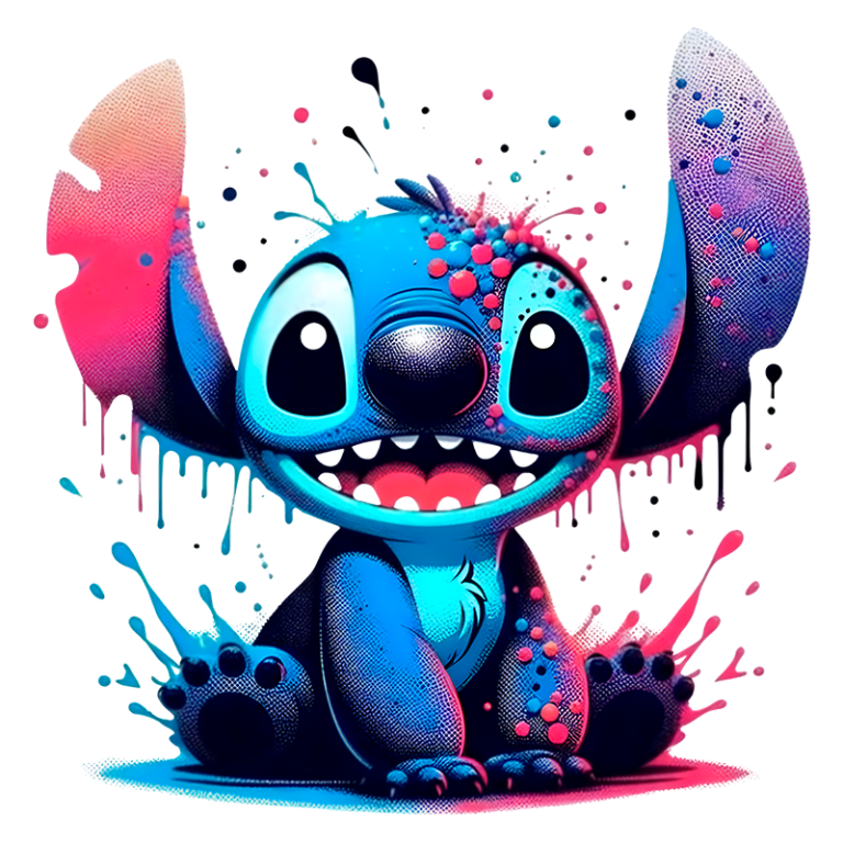 Stitch sorrindo alegremente. O fundo é colorido em tons vibrantes, refletindo um estilo artístico moderno.