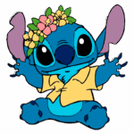 Personagem Stitch com flores na cabeça, usando uma camisa amarela, sorrindo e com os braços abertos. Personagem conhecido do filme "Lilo & Stitch", representando a cultura havaiana.