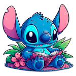 Stitch sentado em um tapete, lendo um livro. Ao fundo, folhagens verdes e flores rosa, criando um ambiente colorido e alegre.