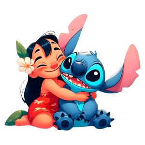 Menina sorridente abraçando seu amigo Stitch, personagem azul da Disney, ambos com expressão de alegria, destacando uma cena afetuosa e divertida.
