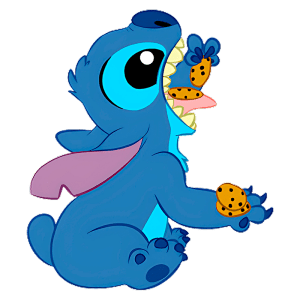 Stitch segurando biscoitos em ambas as patas. A figura exibe uma expressão alegre, destacando suas orelhas compridas e um focinho grande, com um lenço rosa em volta do pescoço.