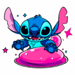 Ilustração Stitch cartoon azul com orelhas grandes e sorriso alegre, surgindo de uma poça rosa, com estrelas ao redor.