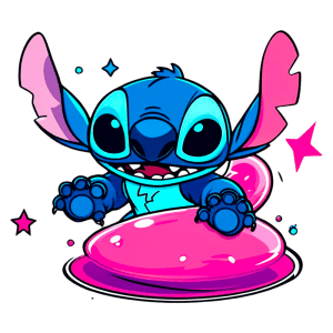 Ilustração Stitch cartoon azul com orelhas grandes e sorriso alegre, surgindo de uma poça rosa, com estrelas ao redor.