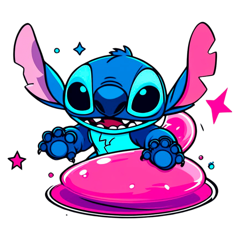 Ilustração Stitch cartoon azul com orelhas grandes e sorriso alegre, surgindo de uma poça rosa, com estrelas ao redor.