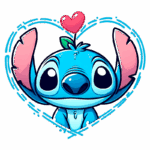Personagem Stitch, da Disney, com pele azul e orelhas grandes em forma de coração. Uma folha verde e um coração vermelho estão no topo da cabeça, dentro de um contorno de coração azul. Ideal para fãs de animação e cultura pop.