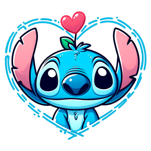 Personagem Stitch, da Disney, com pele azul e orelhas grandes em forma de coração. Uma folha verde e um coração vermelho estão no topo da cabeça, dentro de um contorno de coração azul. Ideal para fãs de animação e cultura pop.
