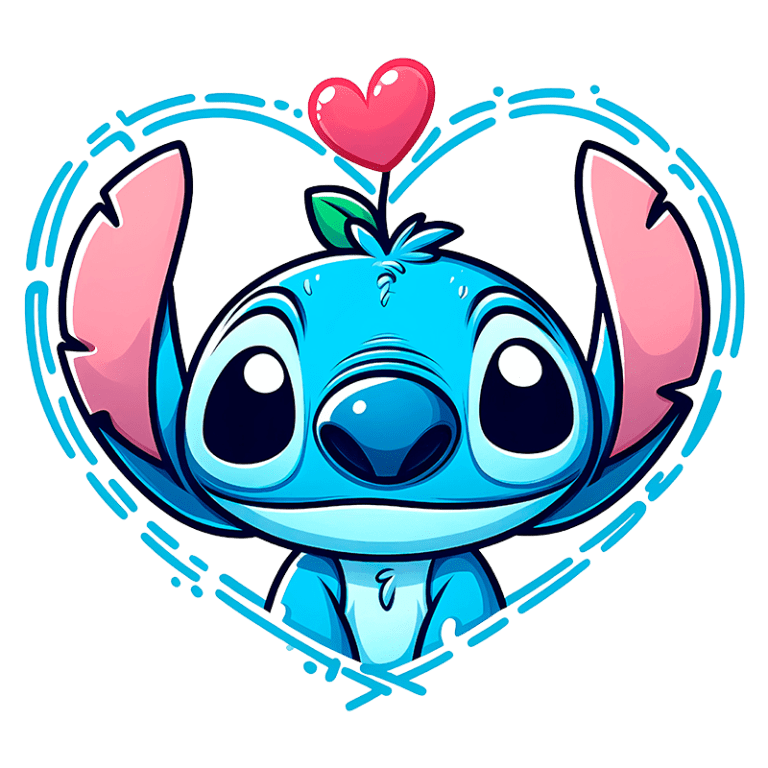 Personagem Stitch, da Disney, com pele azul e orelhas grandes em forma de coração. Uma folha verde e um coração vermelho estão no topo da cabeça, dentro de um contorno de coração azul. Ideal para fãs de animação e cultura pop.