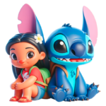 Personagens icônicos de desenhos animados, uma menina com cabelo longo e mochila ao lado de Stitch, um extraterrestre azul com grandes olhos expressivos, ambos em estilo cartoon, com fundo transparente.