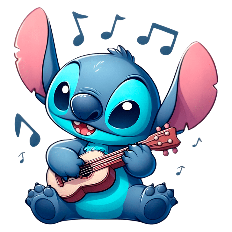 Stitch tocando um ukulele, com um sorriso alegre e notas musicais ao redor. Ilustração cartoon de um adorável alienígena.