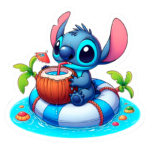 Stitch sentado em um boia de piscina, segurando um coco com um canudo e um guarda-chuva, cercado por água e palmeiras. Ideal para temas de verão e diversão.