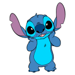 Desenho animado do personagem Stitch, do filme Lilo & Stitch, expressão feliz com patas levantadas e olhos grandes, em tons de azul e roxo, contra fundo verde.
