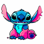 Personagem Stitch, famoso por sua aparência azul e rosa, sentado e acenando com uma das mãos, com expressão amigável e olhos grandes, no estilo de arte animada.