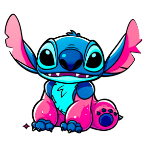 Personagem Stitch, famoso por sua aparência azul e rosa, sentado e acenando com uma das mãos, com expressão amigável e olhos grandes, no estilo de arte animada.