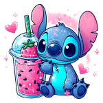 Stitch sentado ao lado de um copo de bebida pink com morango, rodeado por corações e elementos brilhantes. Ideal para temas de diversão e fofura.