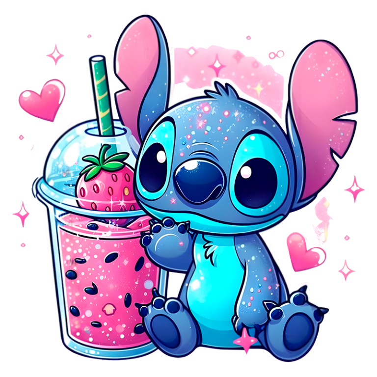 Stitch sentado ao lado de um copo de bebida pink com morango, rodeado por corações e elementos brilhantes. Ideal para temas de diversão e fofura.