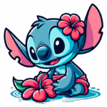 Stitch sentado em um fundo verde, segurando uma flor vermelha, com flores na cabeça e um sorriso alegre. Ideal para ilustrar temas de amizade e natureza.