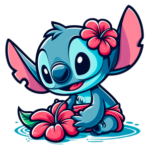 Stitch sentado em um fundo verde, segurando uma flor vermelha, com flores na cabeça e um sorriso alegre. Ideal para ilustrar temas de amizade e natureza.