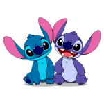 Personagens Stitch e Angel da Disney sentados lado a lado, com pele azul e roxa, respectivamente, e grandes orelhas pink, sorrindo em um fundo verde.