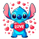 Personagem Stitch segurando um coração vermelho com a palavra "LOVE", rodeado por corações menores, em um fundo verde.