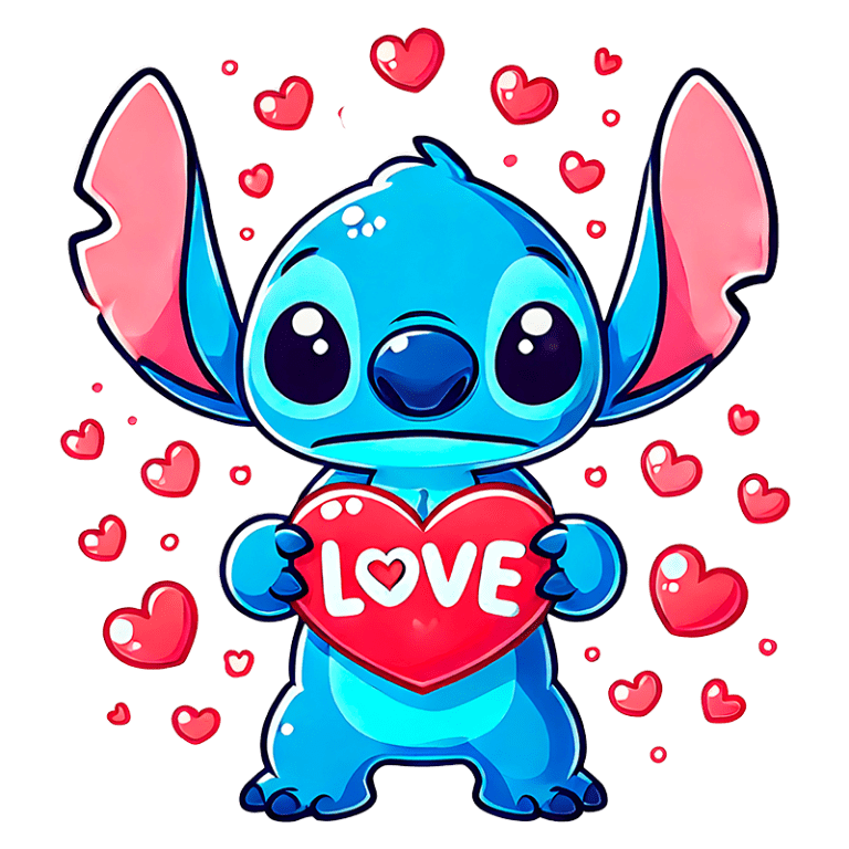 Personagem Stitch segurando um coração vermelho com a palavra "LOVE", rodeado por corações menores, em um fundo verde.
