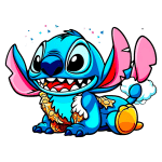 Personagem animado Stitch, do filme Lilo & Stitch, sorrindo com grandes orelhas rosa, pele azul e uma camisa colorida, cercado por particulas brilhantes em um fundo verde.