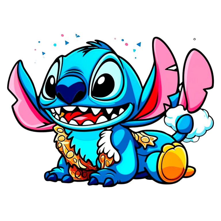 Personagem animado Stitch, do filme Lilo & Stitch, sorrindo com grandes orelhas rosa, pele azul e uma camisa colorida, cercado por particulas brilhantes em um fundo verde.